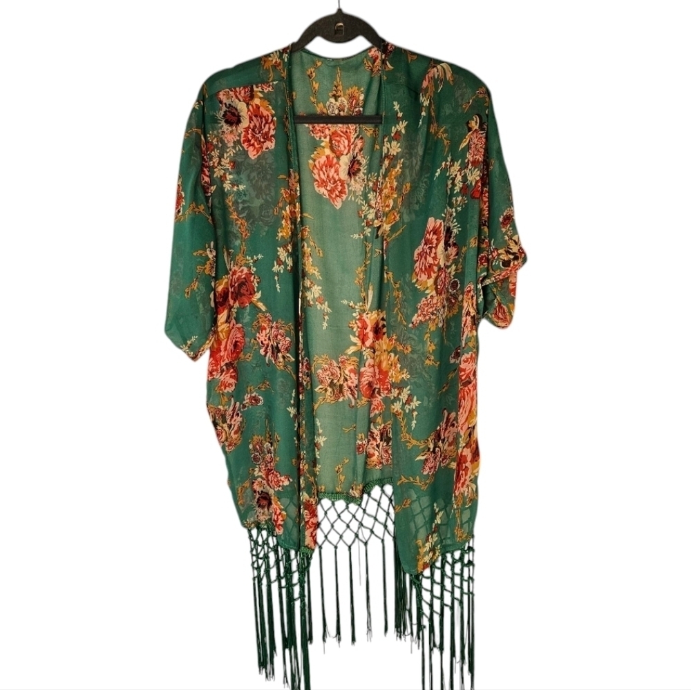Bohemian Kimono Shawl green floral bathing suit coverup wrap beach boho …​​​​
